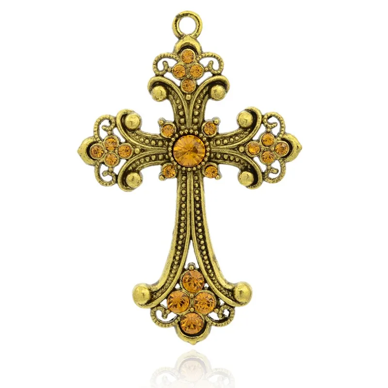 

2PCS Antique Golden Plated Latin Cross Alloy Rhinestone Big Pendants Topaz 75x50x6mm Hole: 3.5mm