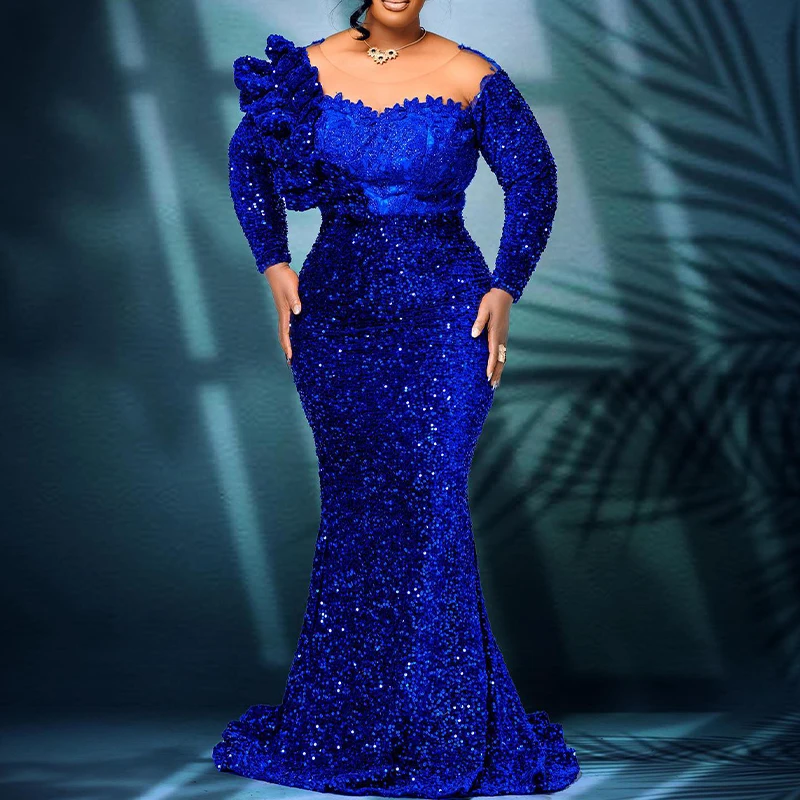 

Женское вечернее платье-Русалка Aso Ebi, синее блестящее платье с длинными рукавами и блестками для торжественных случаев