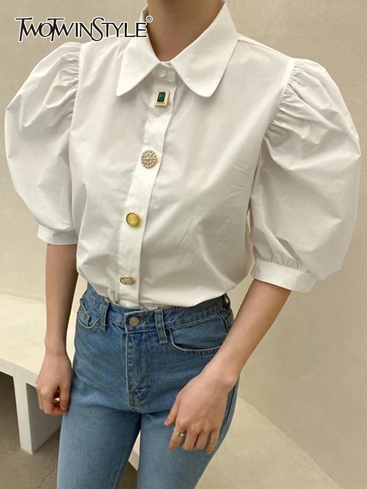 

Женская рубашка twotwin2, белая однотонная блузка с отложным воротником и рукавами-фонариками, прямые блузки в минималистском стиле, весенняя о...