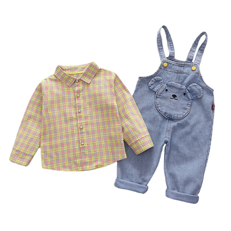 

2022 Autumn Baby Girls Boys Clothing Sets Kids Plaid Shirt Cartoon Bear Denim Overalls Infant Clothes Outfits Children Tracksuit