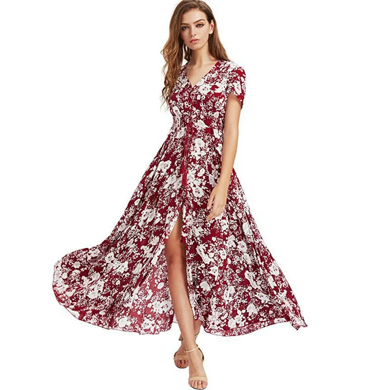 

2023 Summer Fashion Print Sexy Deep V Neck Women's Vintage Maxi Dress Boho Casual Elastic High Waist Drawstring Lady Split Dress