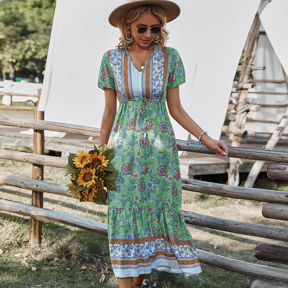 

Fashion Vintage Chic Ladies Short Sleeve Tie Ethnic Green Floral Print Beach Boho Long Dress Ladies Boho Dress