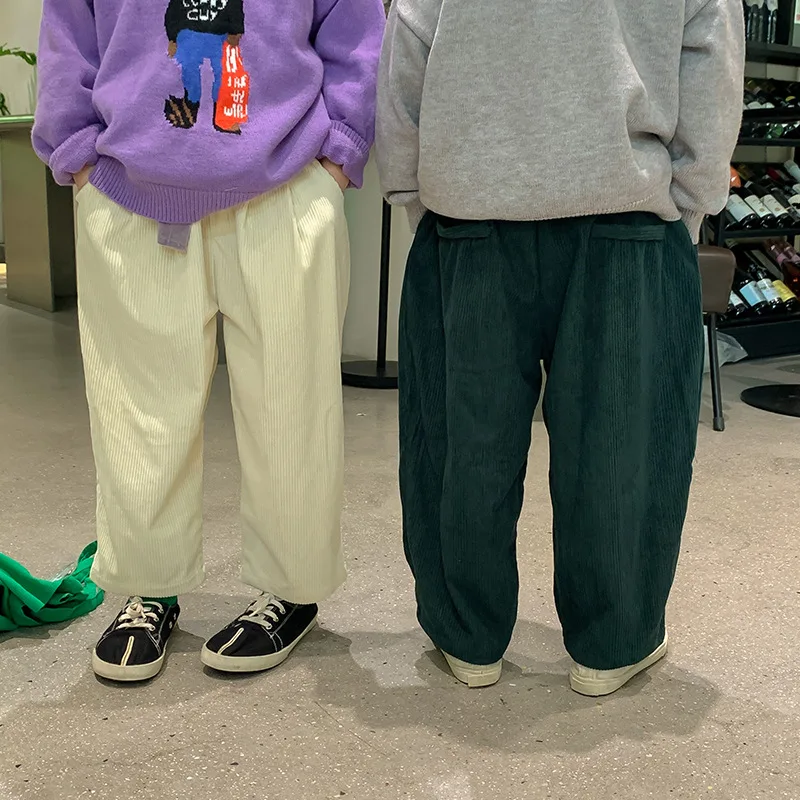 Spring Autumn Kids solid color corduroy casual pants Unisex Children soft loose all-match trousers