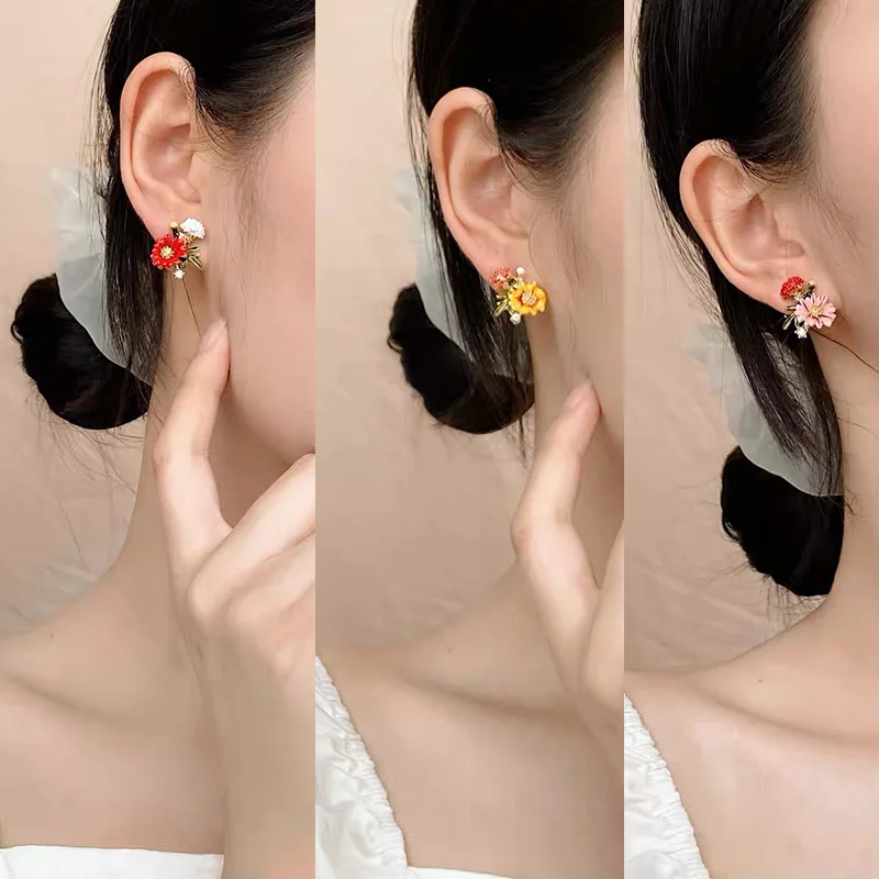 

XIPPOSS Jewelry South Korea Dongdaemun With The Same Enamel Color Glaze Flower Earrings Small Daisy Purple Earrings Women