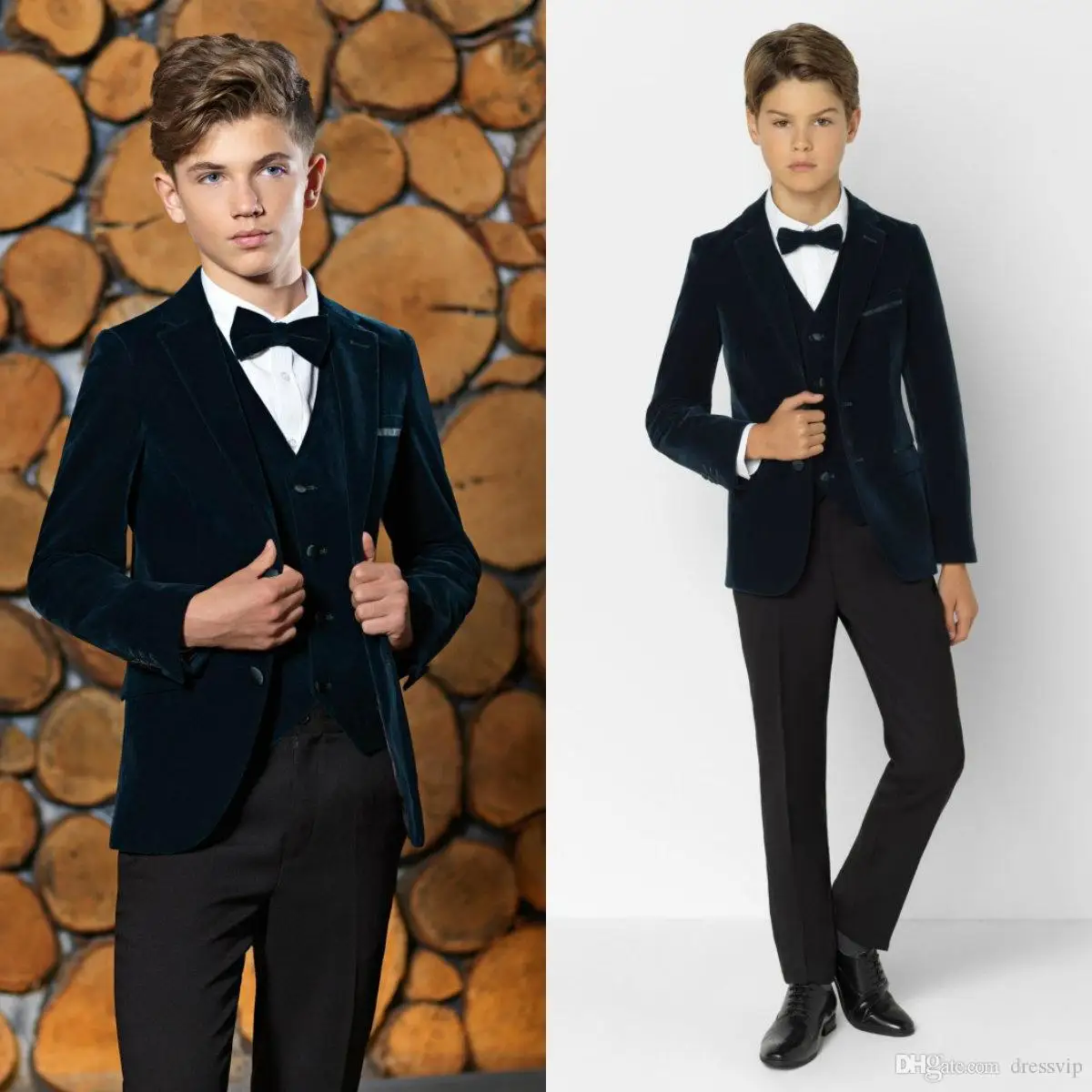 Black Velvet Youth Suit Wedding Clothes Birthday Party Formal Outfit Three-Piece Set (Jacket+Vest+Pants+Bow Tie)