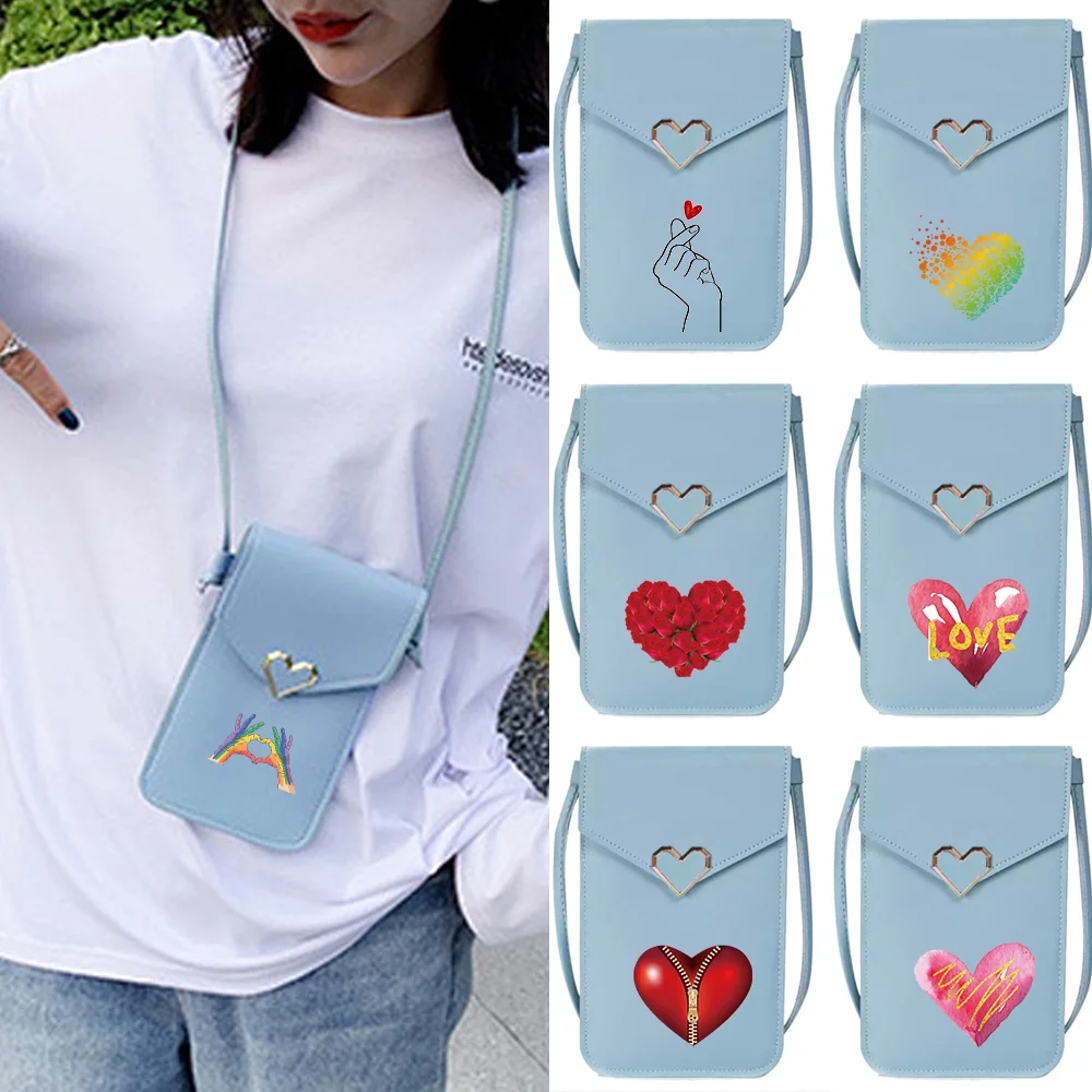 

2023 New Women Crossbody Shoulder Bags for Apple/Huawei Transparent Touch Screen Mobile Phone Bag Love Print Pu Leather Wallets