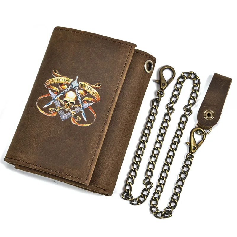 Classic Men Genuine Leather Wallet Anti Theft Hasp With Iron Chain Freemasonry Skeleton Skull Cover Card Holder Rfid Short Purse