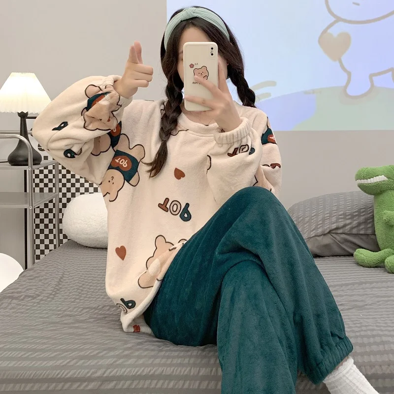 

Coral fleece Korean pajamas autumn and winter warm and thick cartoon sweet home clothes suit can be worn outside