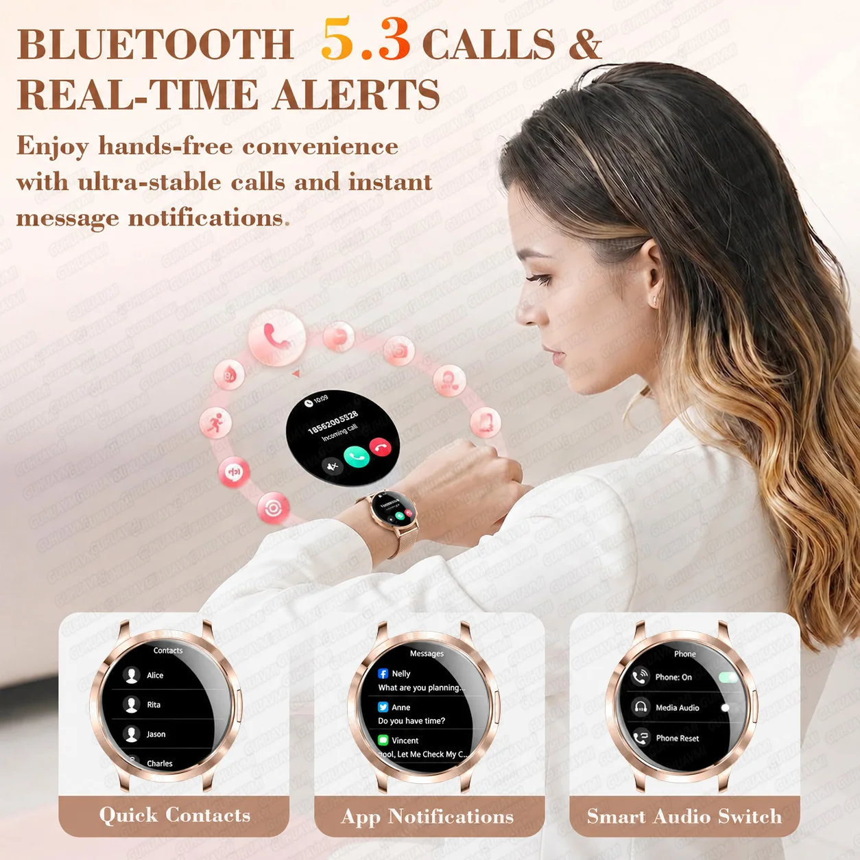 Фото Умные часы для женщин, ультратонкие 7,9 мм, с AMOLED-экраном 1,32 дюйма, Bluetooth-вызовы, мониторинг сердечного ритма и сна, браслеты, цвет розовое золото, подарок №3