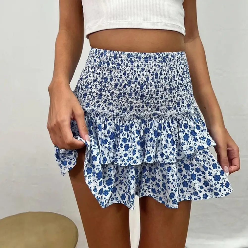 

Women Skirt Bohemia Style High Waist Mini Skirt Pleated Elastic Waistband Beach Skirt Floral Print Double Layer Ruffle Hem Skirt
