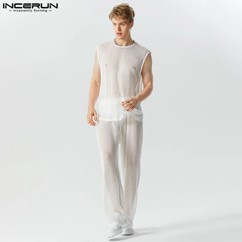 

INCERUN 2023 America Style Summer Casual New Men Set Sleeveless Tank Tops Pants Stylish Male Solid Thin Mesh Suit 2 Pieces S-5XL