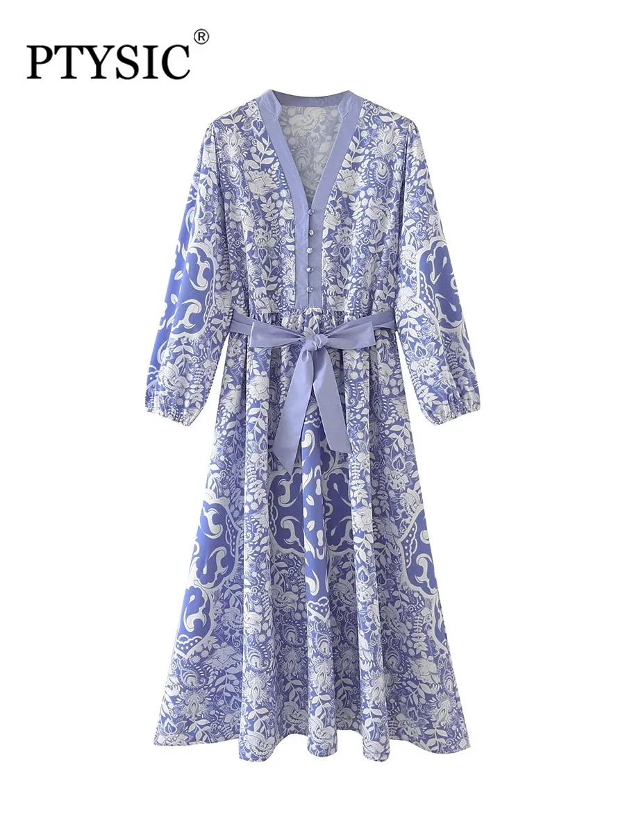 

PTI CIS Women Fashion With Print Patchwork Tied Midi Drss 2022 Summer Pleated Full Sleeve Buttoned Vintage Female Vestidos