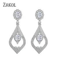 zakol brand vintage white gold zirconia drop dangle earrings for women girl shinny chandelier crystal wedding jewelry