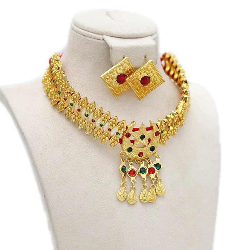 

Saudi Arabia Colored Stone Chokers Dubai Jewelry Sets for Women 24k Habesha Necklace Earrings Rope African Wedding Eritrean Gift