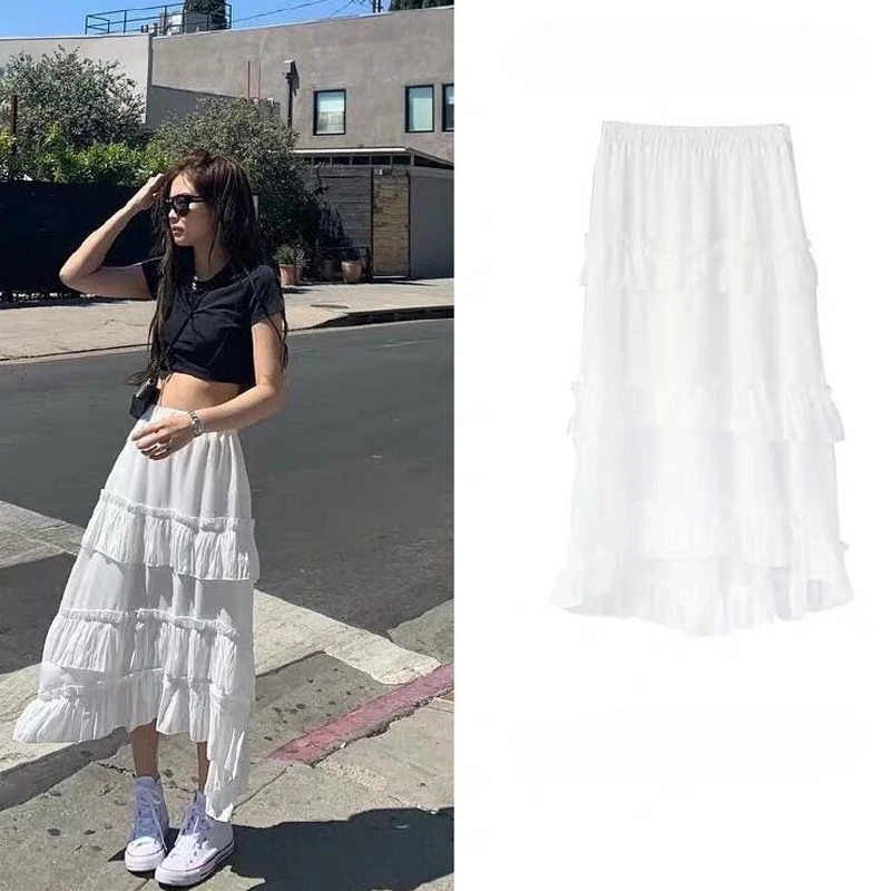 

Kpop Korean Singers Y2k Black Slim Round Neck Short T-shirts Crop Tops White Ruffled Sweet Fairy Style Skirt Women Two-Piece Set