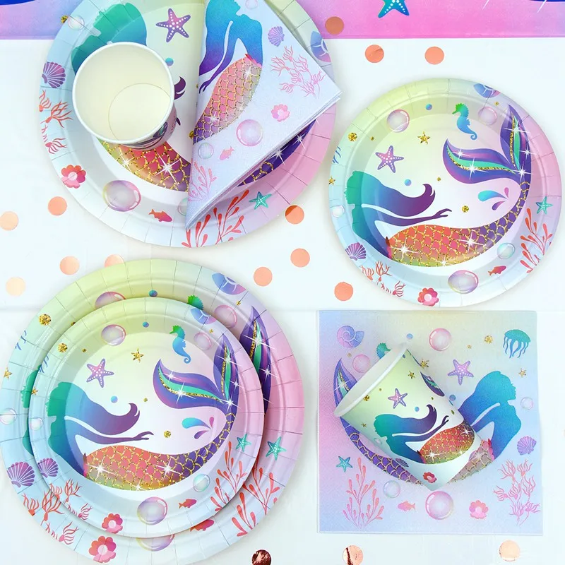 

Одноразовая посуда с маленькой русалочкой, украшение для дня рождения, детский праздник, для первого дня рождения, для девочек