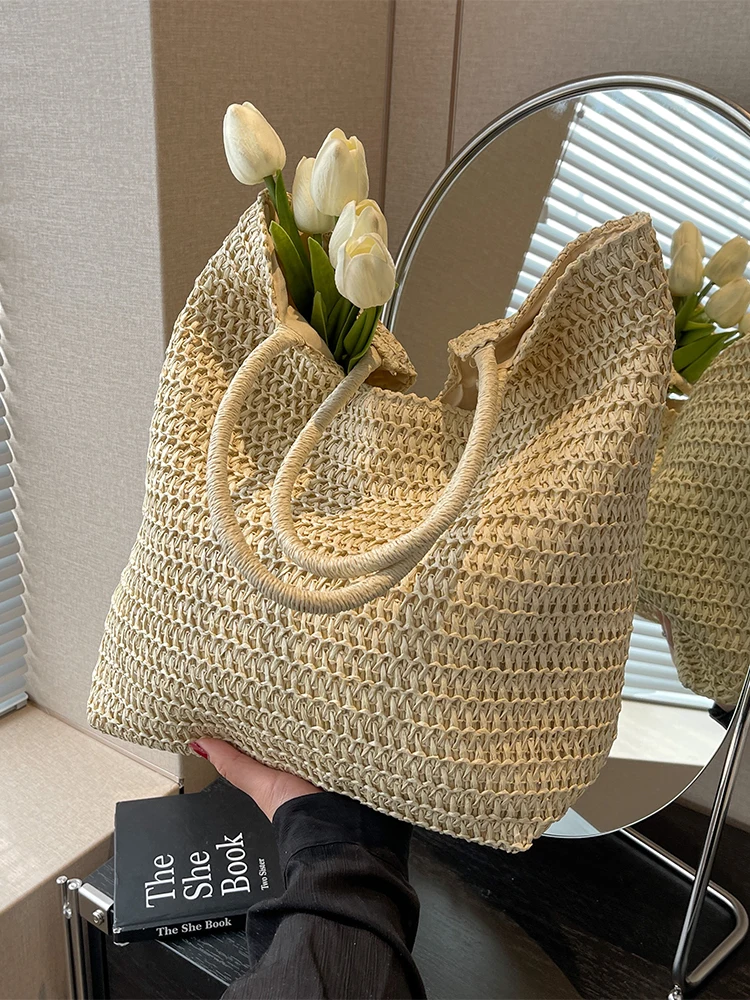 

Summer Women Beach Vintage Handmade Woven Shoulder Bag Raffia Large Capacity Shopping Bags Ladies Travel Vacation Casual Totes