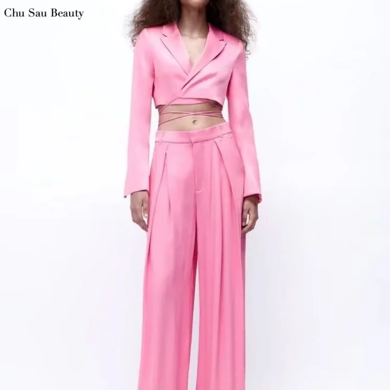 

2022 New Women Silk Satin Texture Short Suit Jacket Fashion Long Sleeve High Waist Crop Top High Waist Loose Casual Trousers