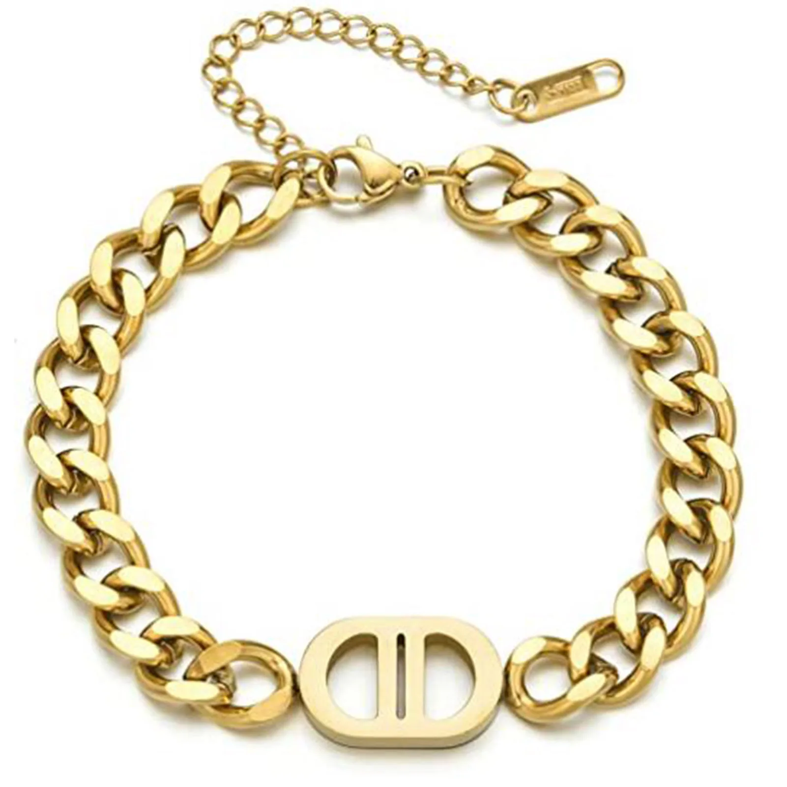

Массивный браслет Ytrkiasy для женщин и девушек, браслет из нержавеющей стали с кубинскими звеньями шириной 8 мм и надписью D, покрытый 18-каратным золотом