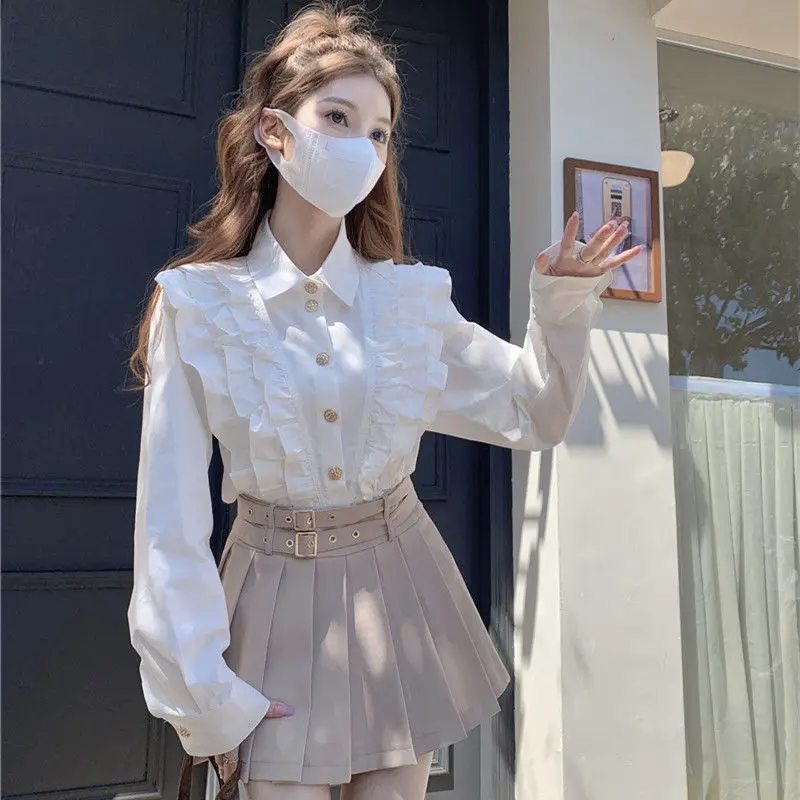 

Korean Ruffles Stitching Elegant Lace Blouse Woman Turn Down Collar Button Shirt Blouses Long Sleeve Fashion Loose Tops E954