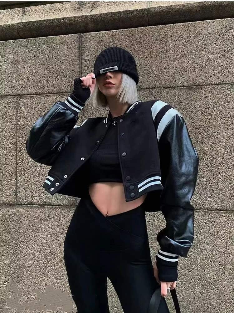 

KBAT American Patchwork Leather Jackets Baseball Coat Women's 2022 Bomber Jacket Women Uniform Couple Loose Top Streetwear