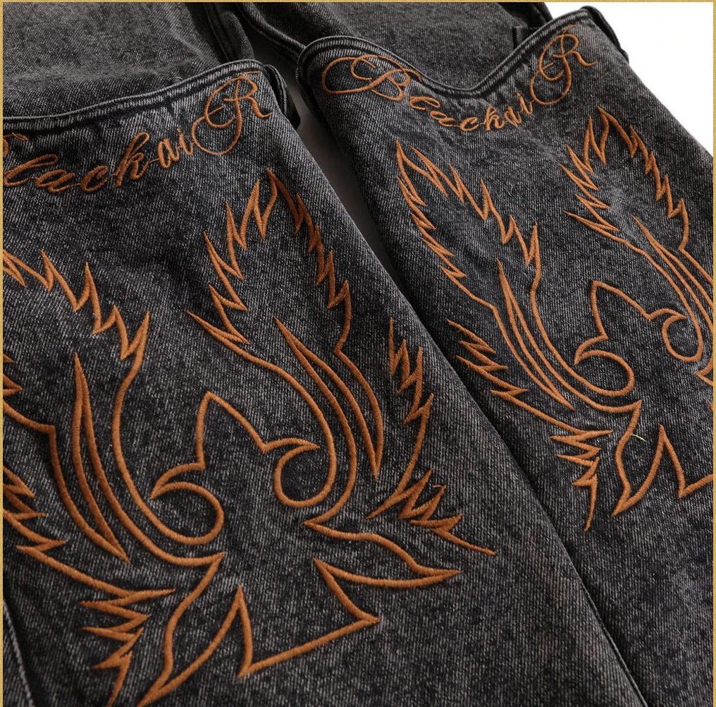 Джинсы IEFB мужские с вышивкой винтажные длинные брюки из денима в стиле пэчворк