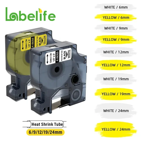Labelife 18056 Совместимость с DYMO промышленные термоусадочные трубки белый/желтый 6 мм 12 мм 18051 18052 этикетка Pinter Rhino3000,1000