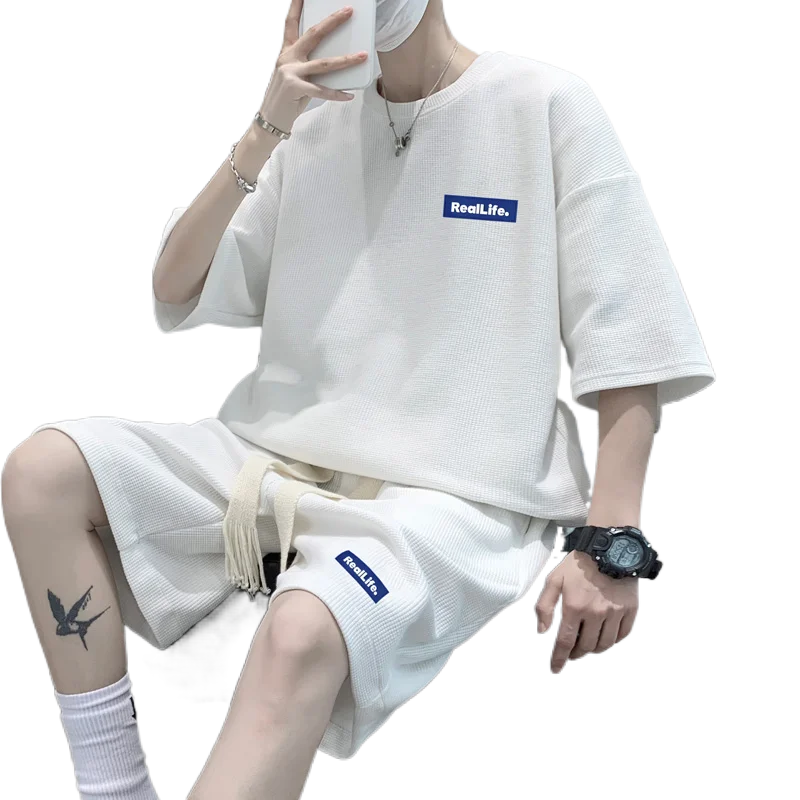 

New men Waffle sports and leisure suit men's refreshing summer tide brand ins ruffian handsome Korean version a set of versatile