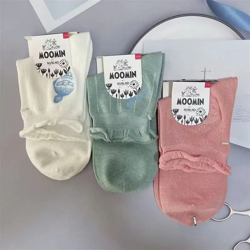 

1 Pair Moomins Mori Style Pure Color Women Socks Cartoon Personality Skateboard Socks Anime Middle Tube Smooth Silk Socks