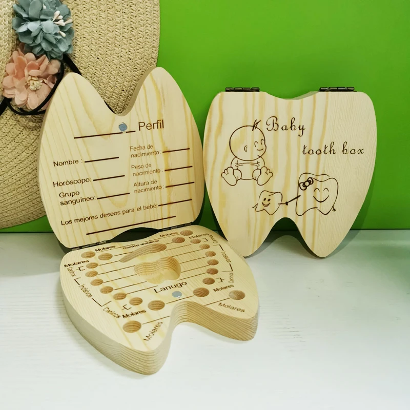 Tooth Shape Wooden Milk Teeth Organizer Storage English/russian/spanish  Boys Girls Baby Souvenirs Gift