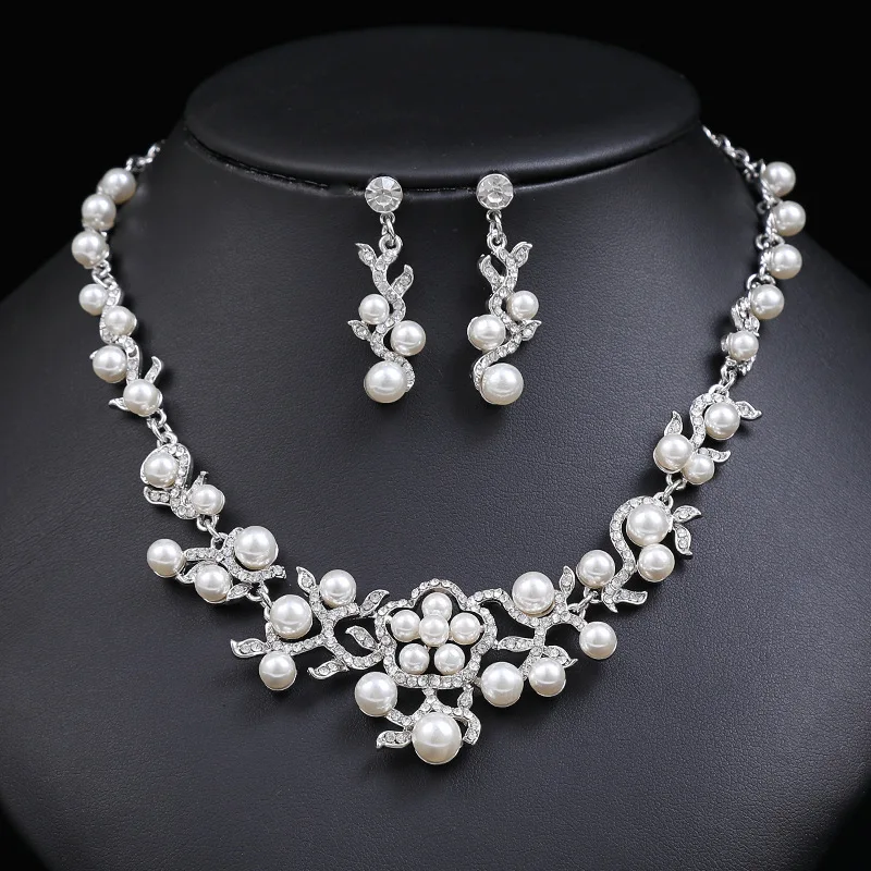 

Trendy High Quality Pearl Necklace and Drop Earrings Jewelry Sets for Women Alloy Plated Wedding Jewelry Set