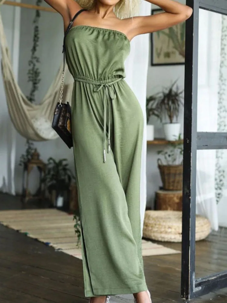 

Summer Sexy Backless Party Jumpsuits Women Elegant Bralette Solid Rompers Elegant Elastic Waist Lace-up wide Leg Split Overalls