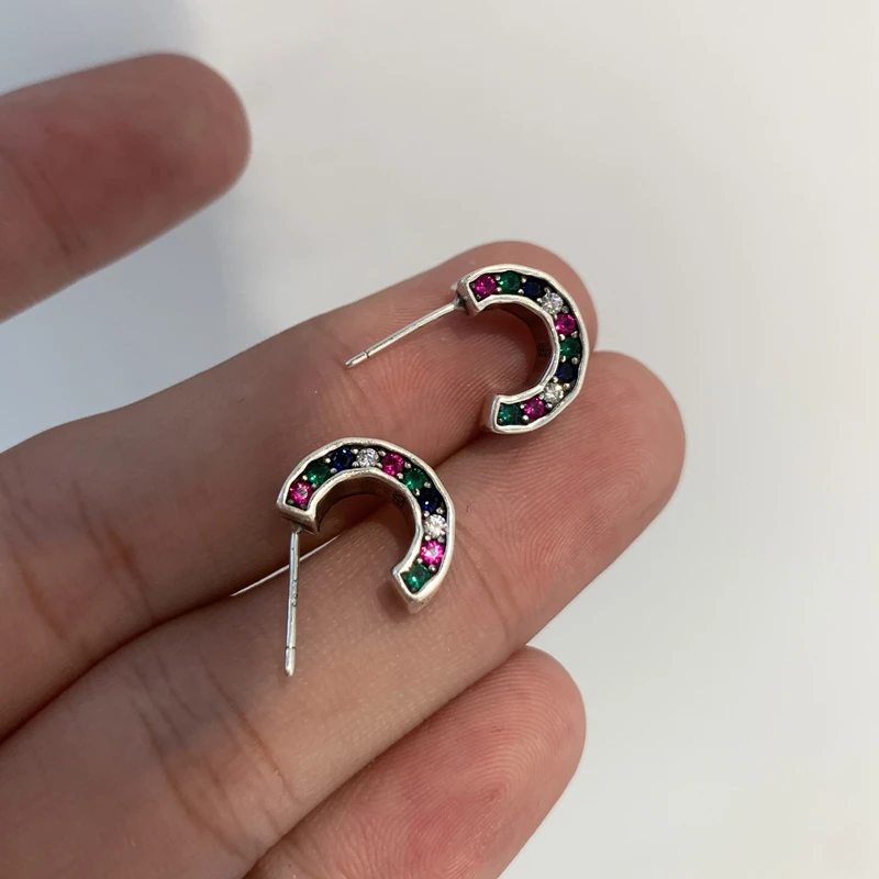 

Unique Design Multicolor Rainbow Cubic Zirconia C-shaped Hoop Earrings For Women Silver Fashion Jewelry Anniversary Gift