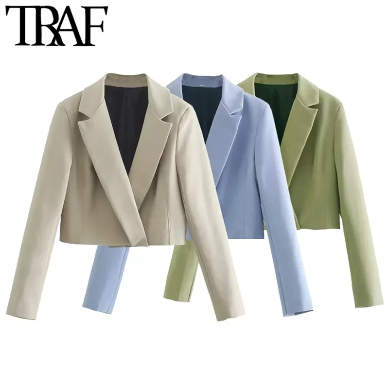 

TRAF Women Fashion Hidden Breasted Cropped Blazer Coat Vintage Long Sleeve Female Outerwear Chic Veste Femme