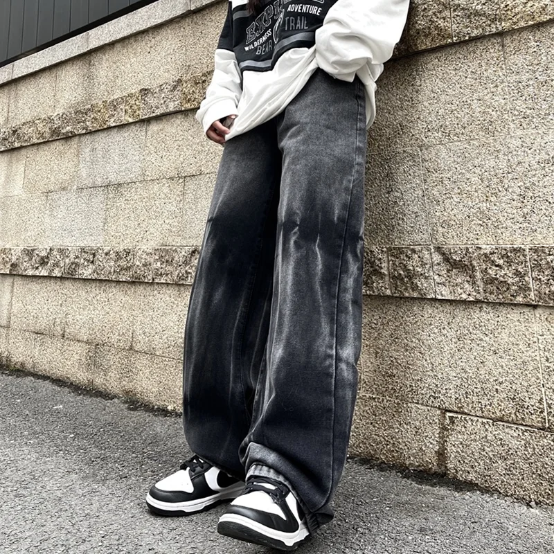 Streetwear Men 2022 New Pattern Recreational Grey Gradient Tie-dyed Pants Straight Cylinder Comfortable Loose Jeans Autumn Women