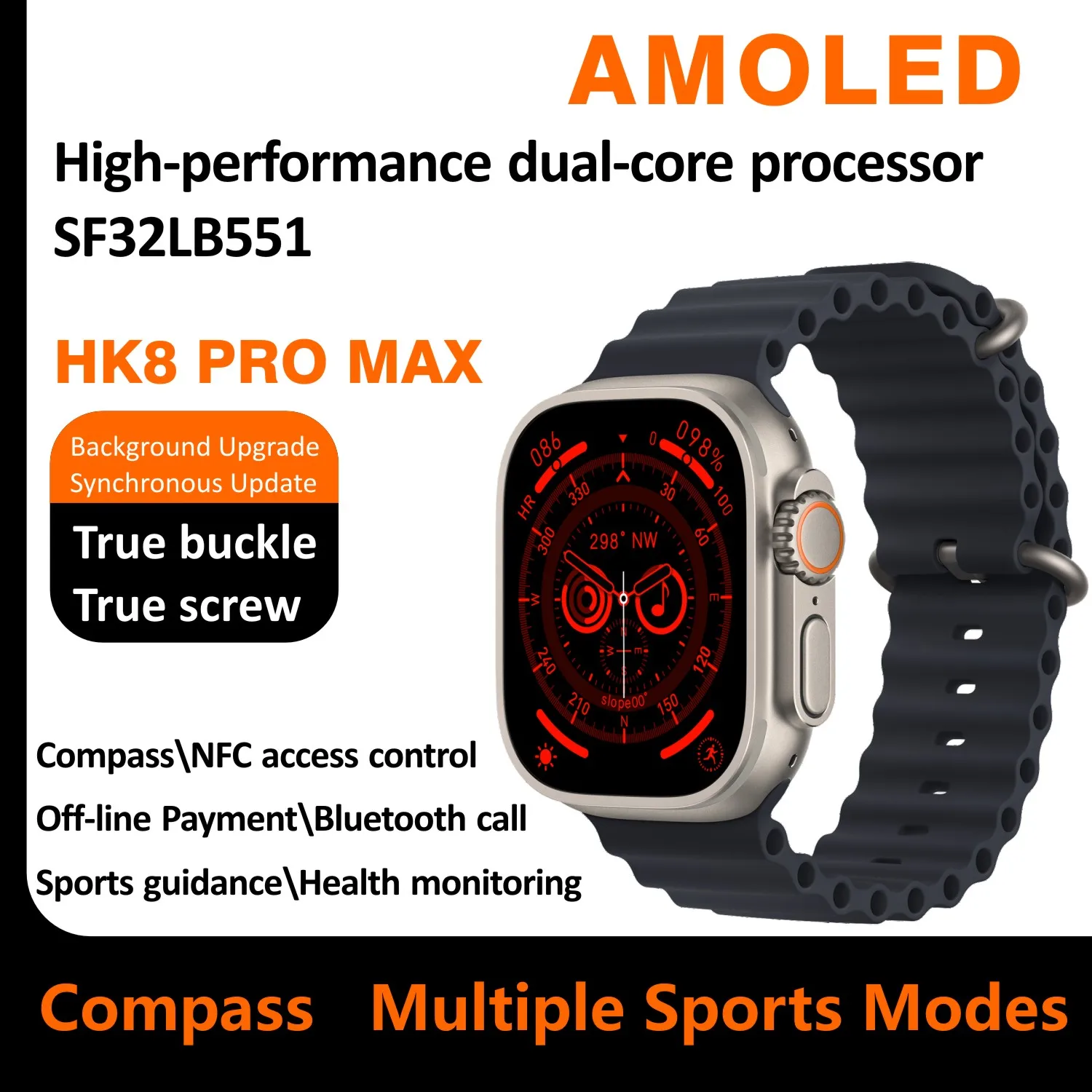 

2023 New AMOLED HK8 Pro Max Ultra Smart Watch Men 49mm Screen Compass NFC Smartwatch Blood Pressure Fitness Watch for Android