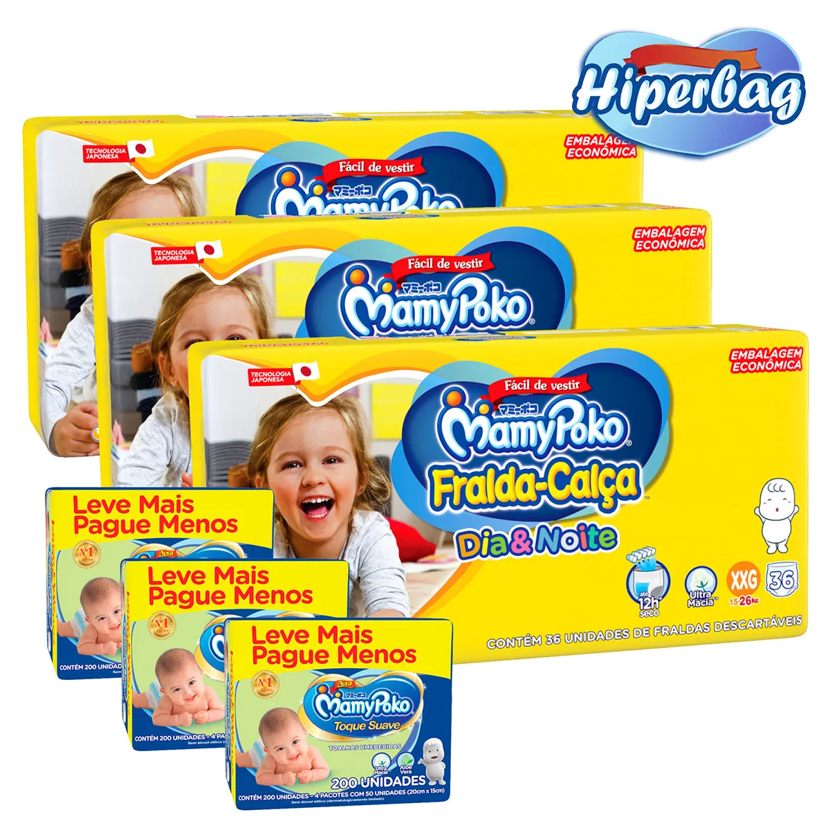 

Kit 03 Hiper Bag BREAKFUL DOWN Disposable DAY & NIGHT MamyPoko XXG -108 Units + 600 Moistened Wipes