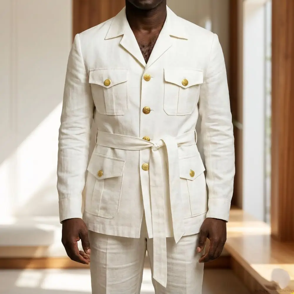 Фото Мужской льняной костюм-сафари Off-White из 2-х частей с отложным воротником, золотыми пуговицами, множеством карманов, с поясом, для выпускного вечера, пляжа, лета, свадьбы №1