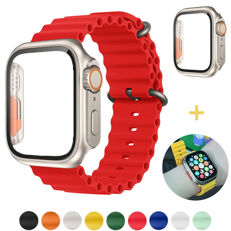 

Glass+Case+Ocean Strap For Apple Watch band 44mm 45mm 40mm 41mm 45 mm Silicone Bracelet iWatch series 7 6 4 5 se change to Ultra