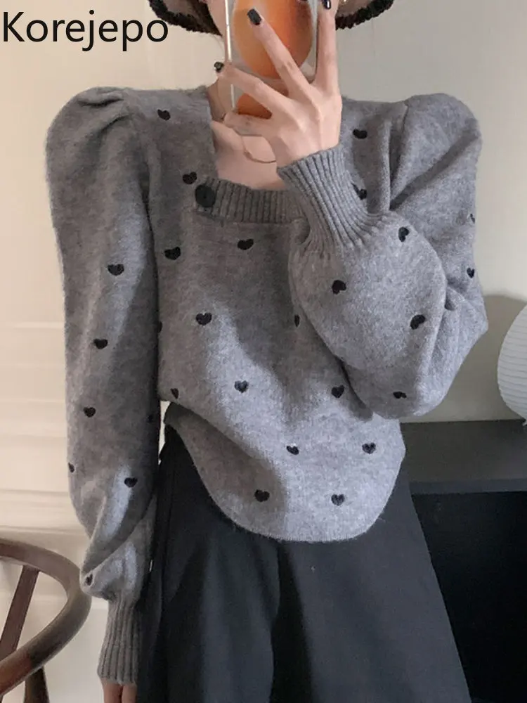 

Женский свитер с квадратным вырезом и вышивкой, свободный трикотажный пуловер с рукавами-фонариками, осень 2022