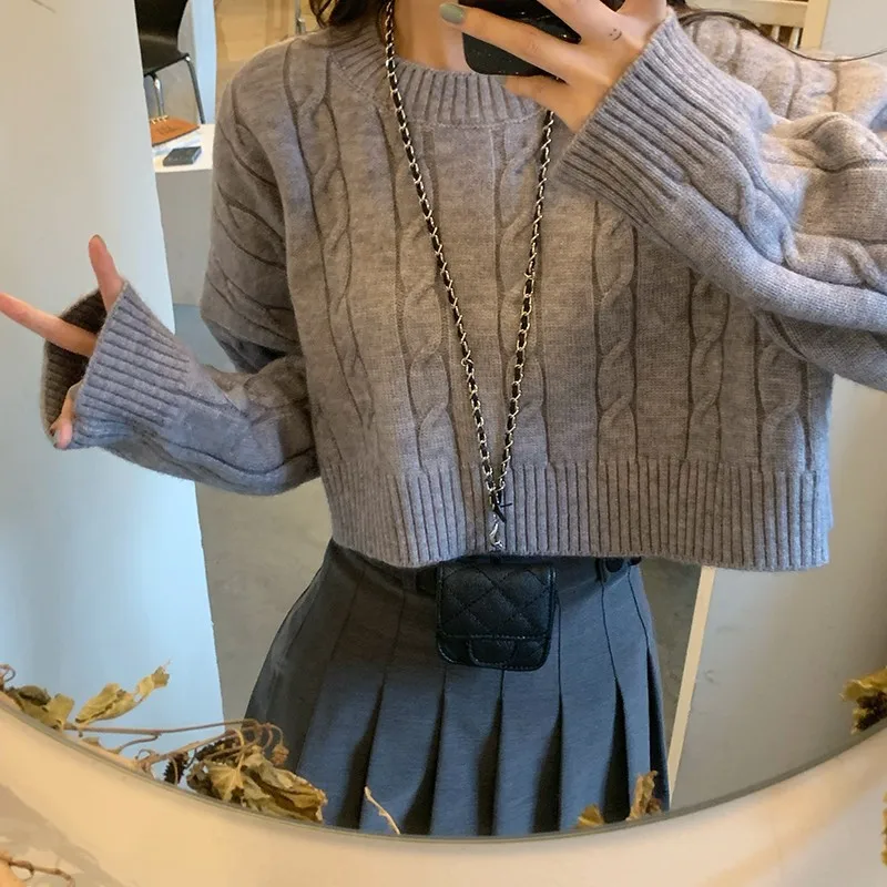 

Осень 2022, женский милый крутой укороченный свитер с круглым вырезом, новый тонкий укороченный свитер