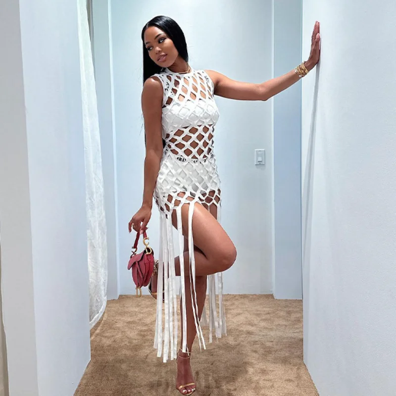 

Solid White Hollow Out Long Tassel Dress Women Sexy Round Neck Sleeveless Slim Maxi Club Party Robe Beach Smock Bikini Cover Ups