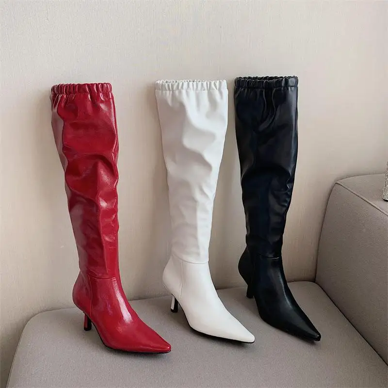 

White Shoes Women Boots High Heels Boots-Women Zipper Stiletto Rubber 2022 Autumn Over-the-Knee Ladies Pointy PU Rome Fabric Poi