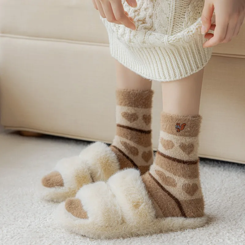 Warm Thick Furry Floor Winter Kawai Sleep Socks Set Cute Cartoon Brown Girl Socks  Kawai Thermal  Fluffy Socks for Women