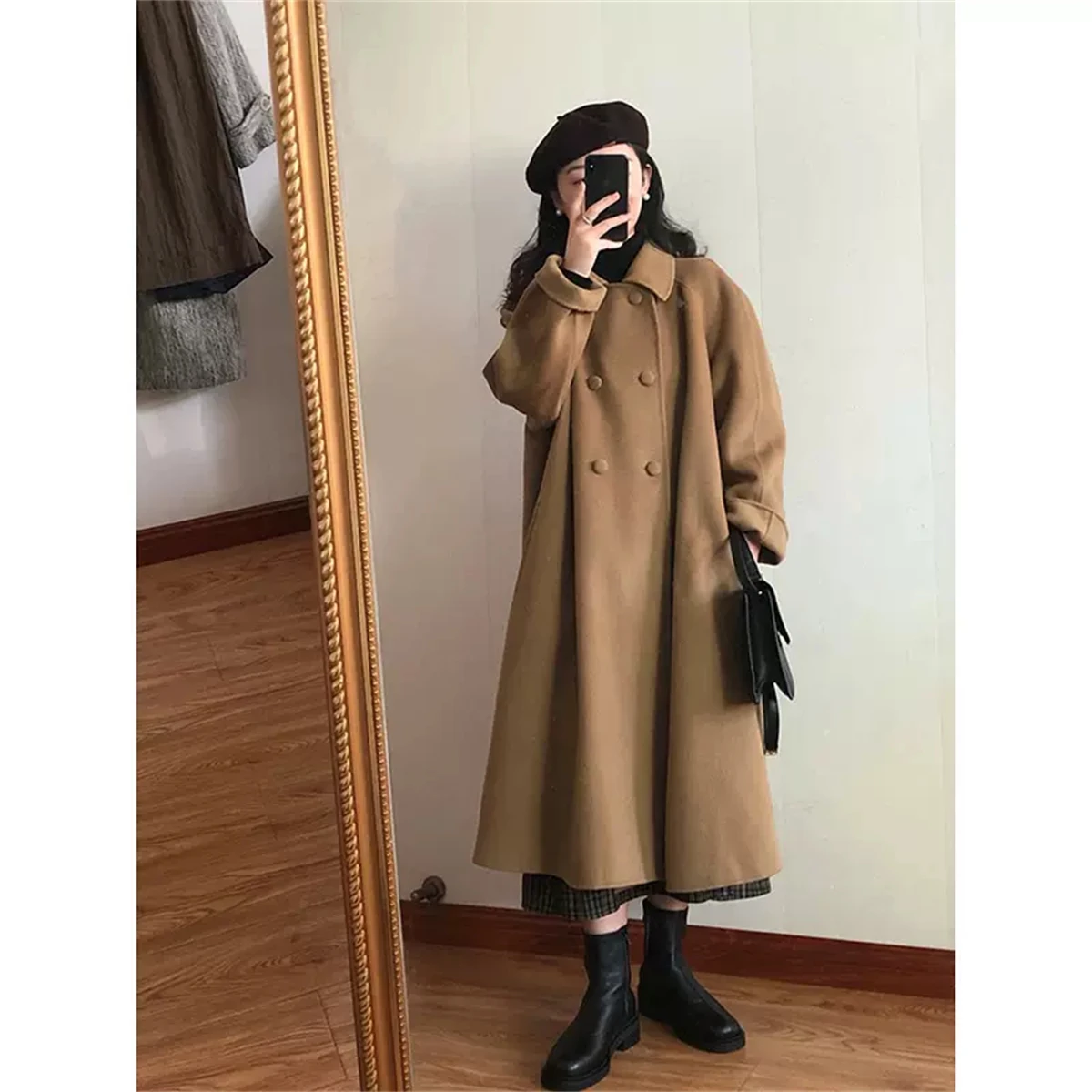 

High Level Design Christmas Camel Double Row Button Woolen Coat 2022 New Famous Lady Korean Woolen Coat Female Winter