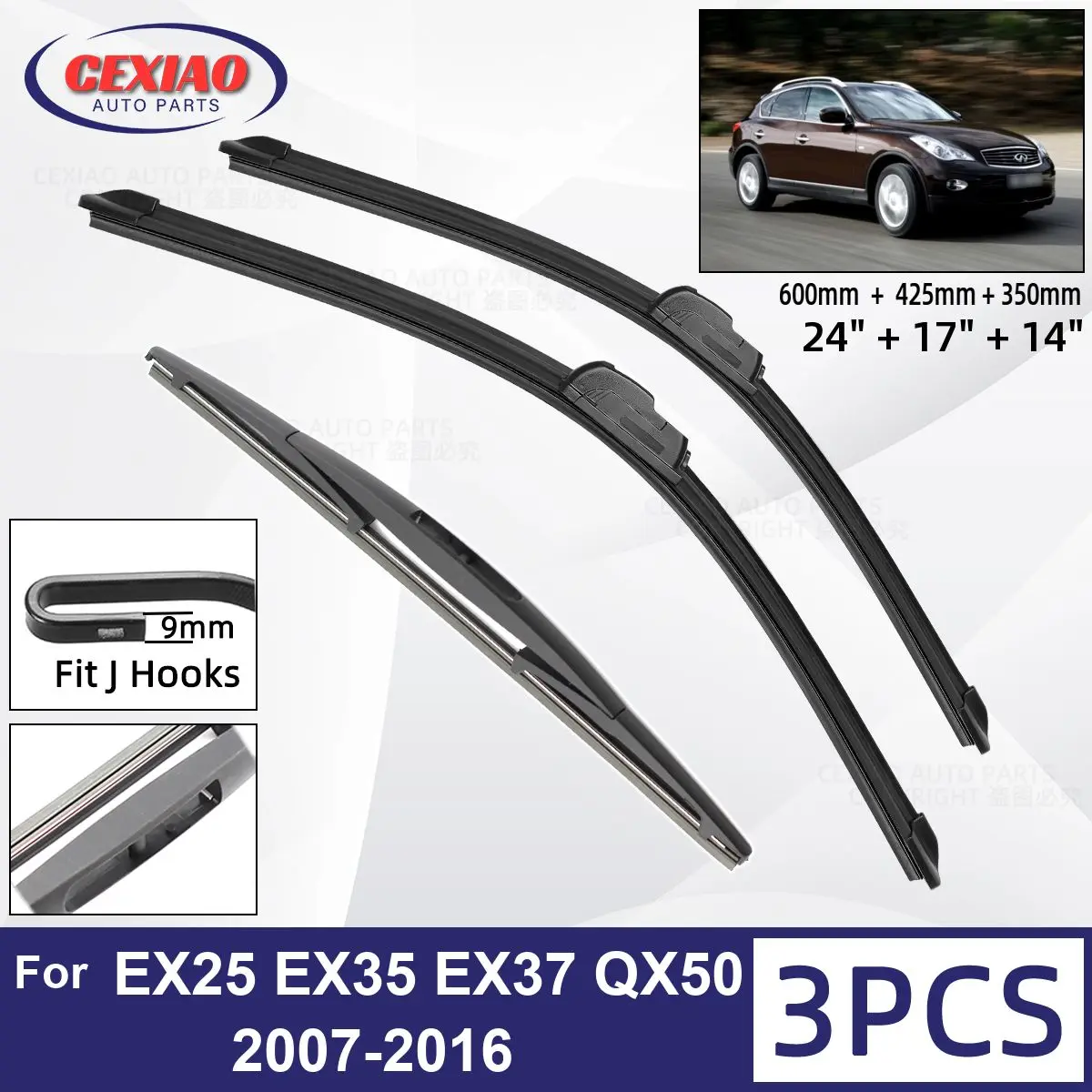 

For Infiniti EX25 EX35 EX37 QX50 2007-2016 Car Front Rear Wiper Blades Soft Rubber Windscreen Wipers Auto Windshield 24"+17"+14"