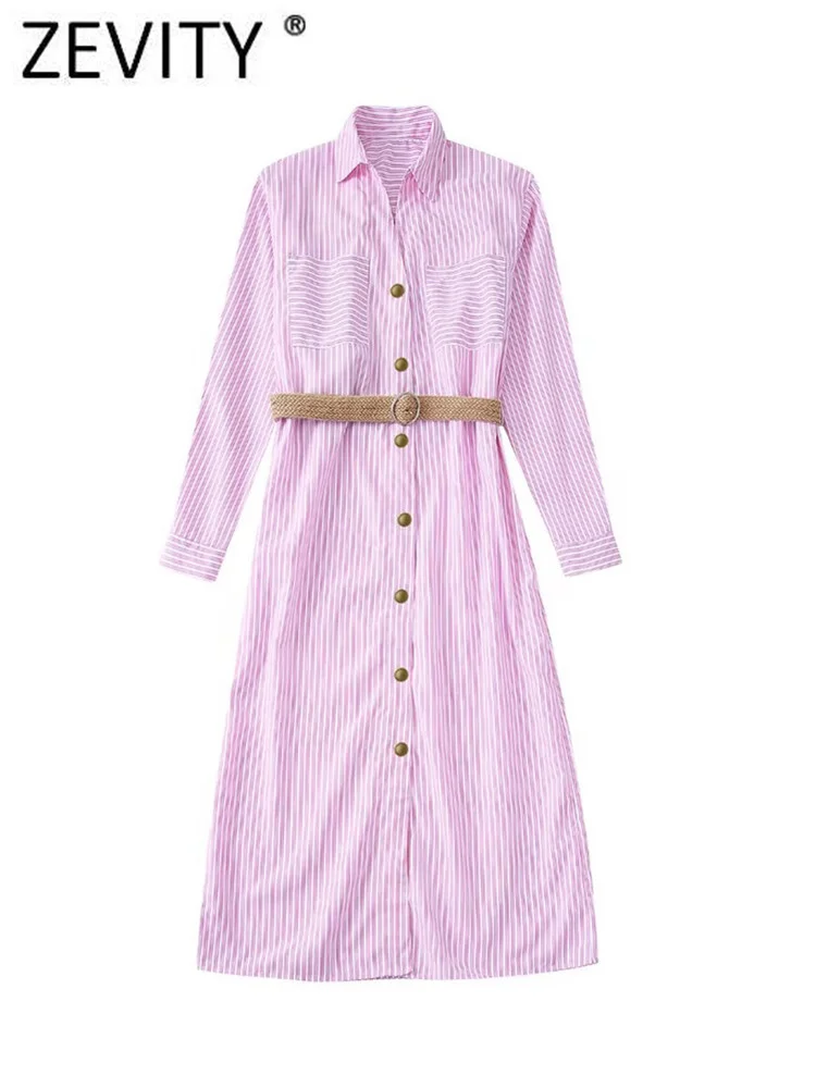 

Zevity Women Vintage Striped Print Breasted Belt Midi Shirt Dress Female Chic Roll Up Sleeve Casual Slim Linen Vestidos DS1743