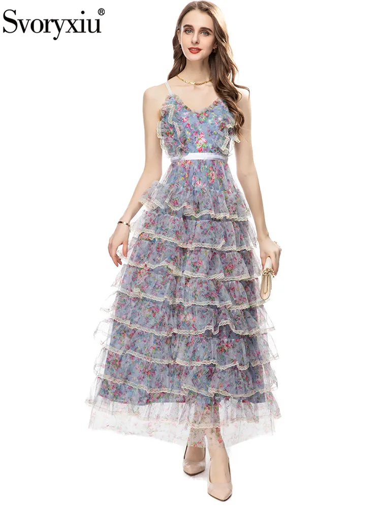 Svoryxiu Summer Fashion Women Vintage Spaghetti Strap Long Dress Elastic Waist Slim Floral Print Mesh Cascading Ruffle Dress