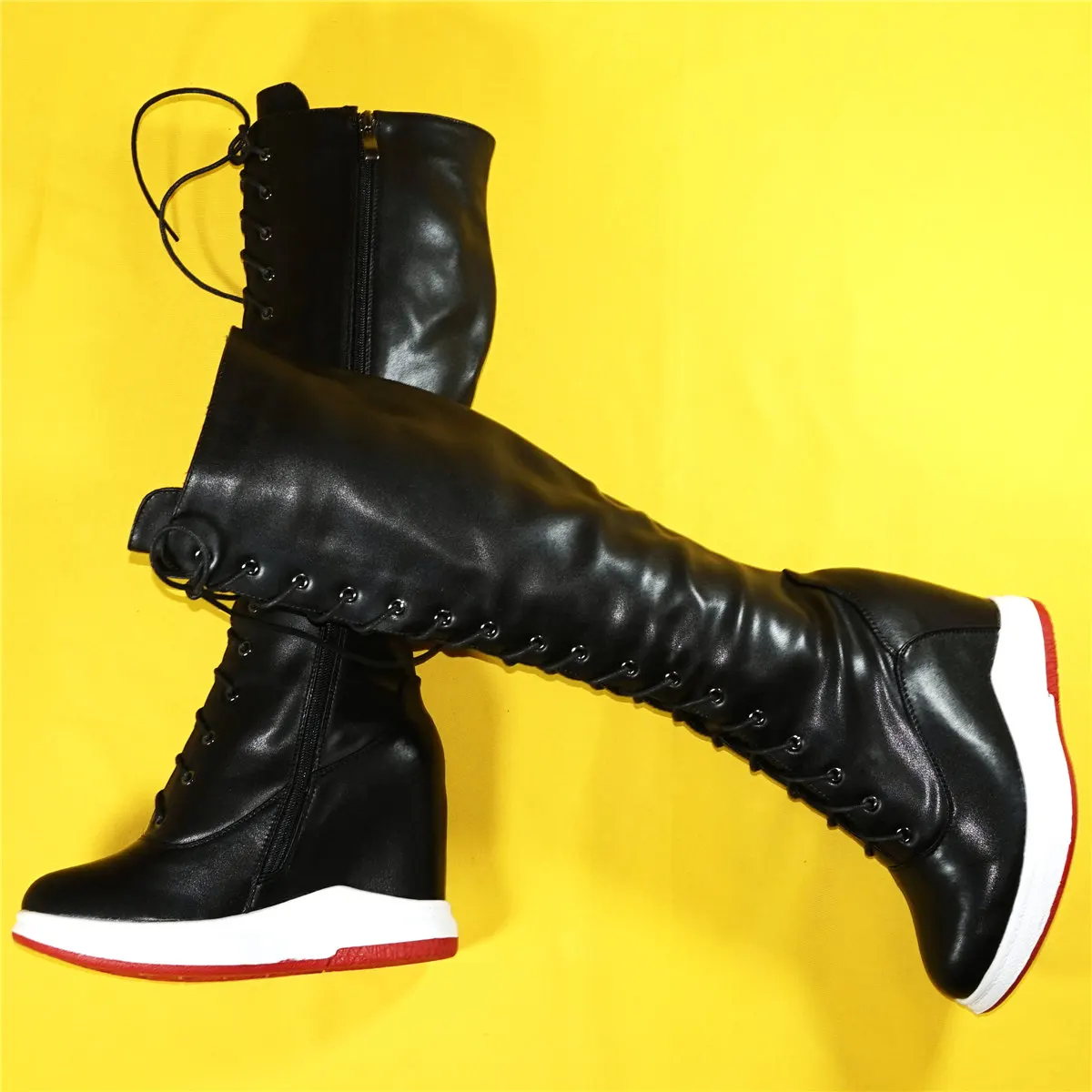 Casual Shoes Women Lace Up Genuine Leather High Heel Vulcanized Shoes Female Round Toe Fashion Sneakers Winter Platform Pumps