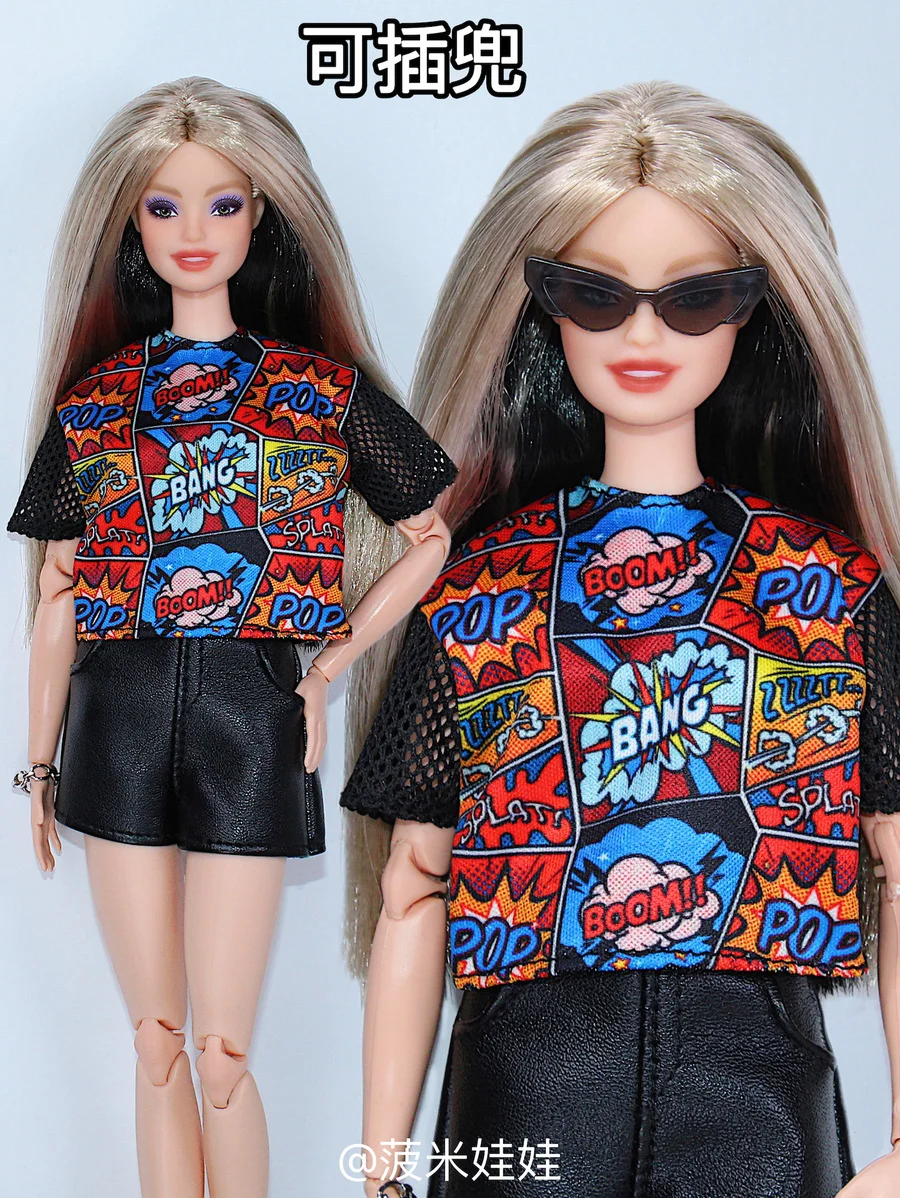 

Cool clothes set / black t-shirt + leather short / 30cm doll clothes summer wear outfit For 1/6 Xinyi FR ST Barbie Doll